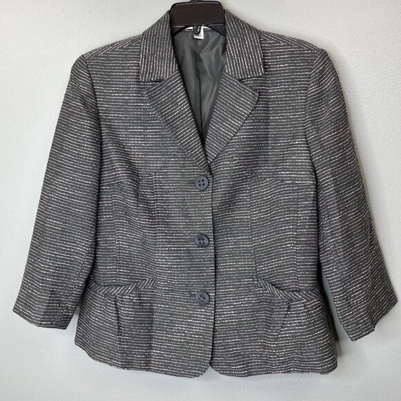 Coldwater Creek Blazer Womens Medium Gray Pink Stripe Boucle Wool Blend Jacket - Picture 1 of 11